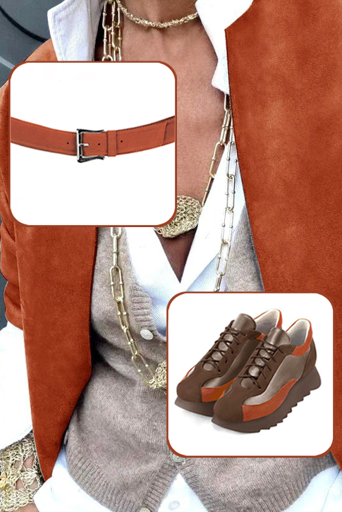 Chocolate brown, bronze gold and terracotta orange women's elegant sneakers. Round toe. Low rubber soles. Worn view - Florence KOOIJMAN